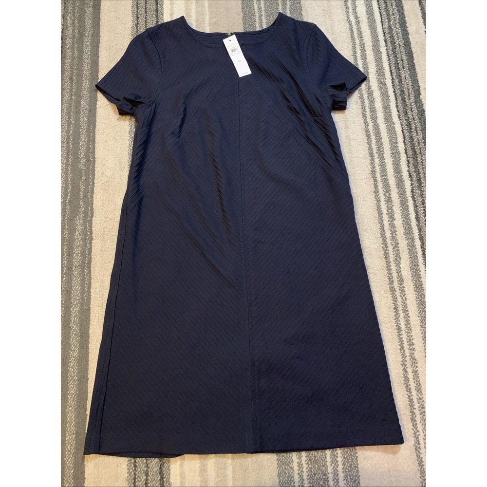 Ann Taylor Navy Blue Ribbed Short‎ Sleeve Lined Dress  Zipper Closure Medium